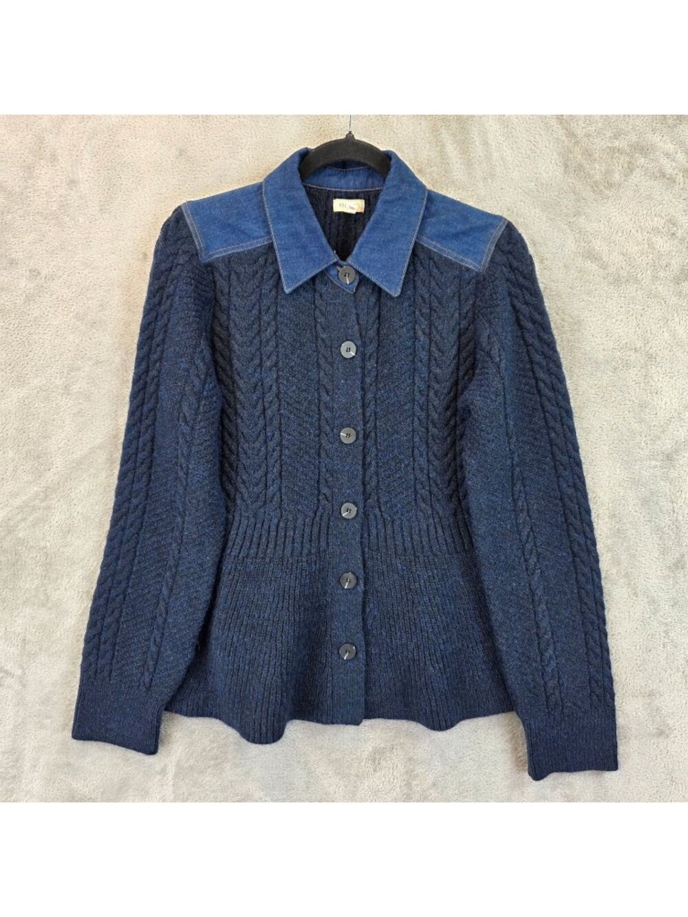 Pilcro Peplum Cardigan Sweater Womens M Blue Long Sleeve Cable Knit Denim Collar